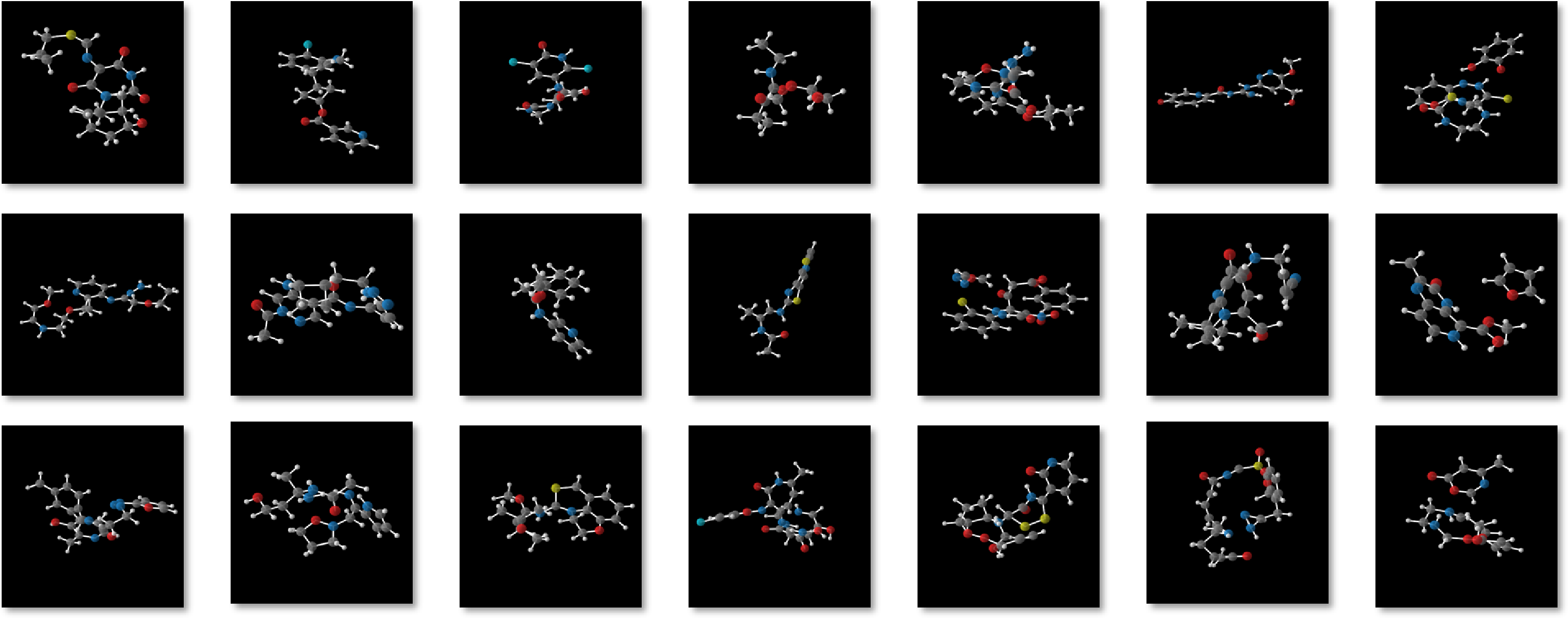 Figure 7: Molecules generated from GeoLDM trained on DRUG.