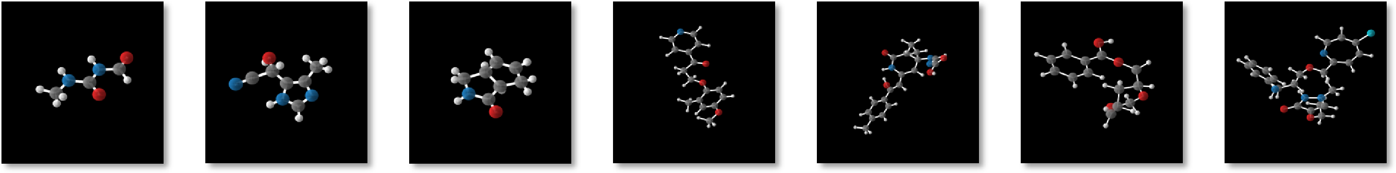 Figure 3: Molecules generated by GeoLDM trained on QM9 (left three) and DRUG (right four).