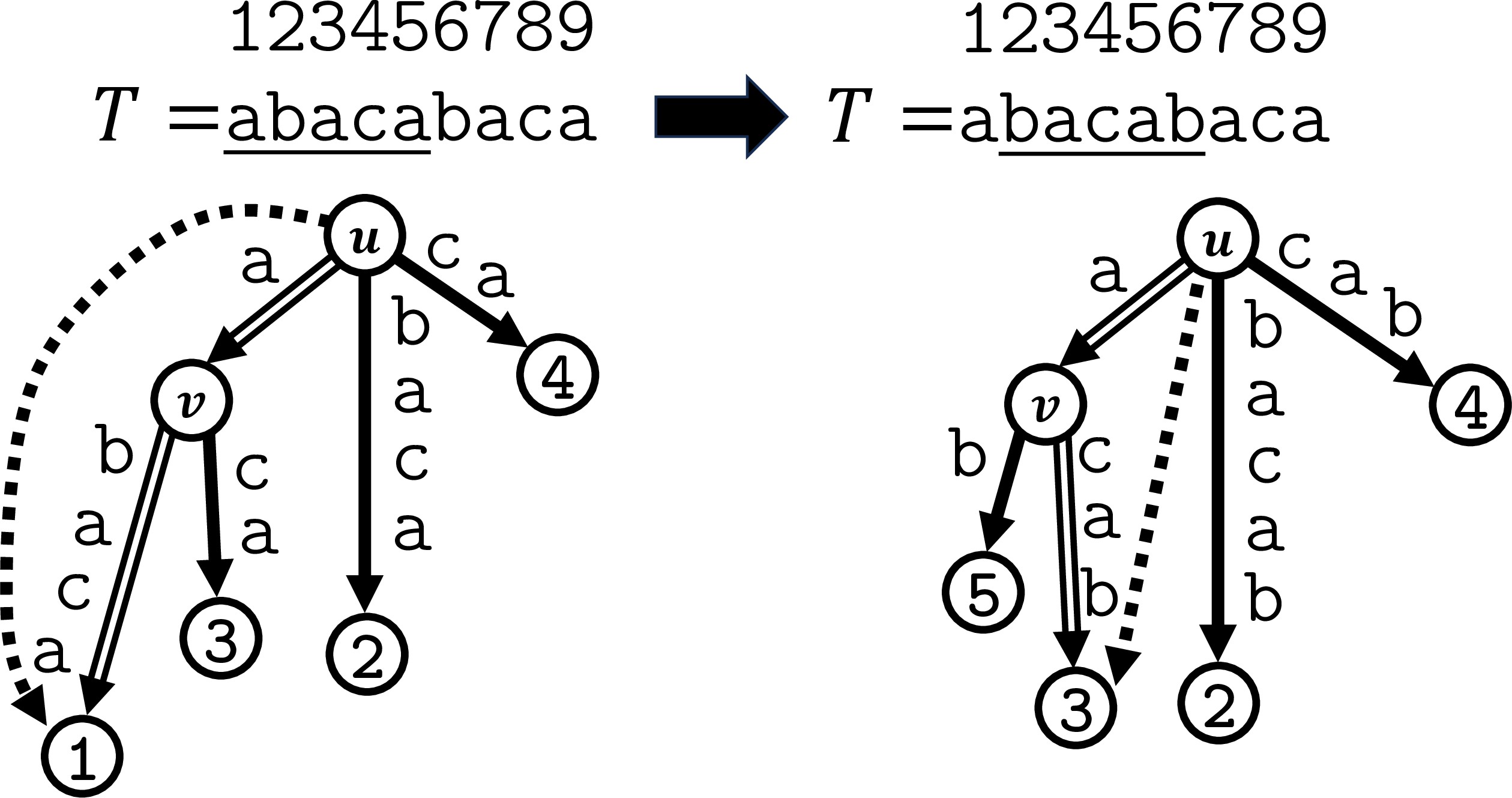 Figure 5: Primary leaf pointers maintained across two iterations of a sliding suffix tree. Primary edges are depicted by double-lined arrows, secondary edges by single-lined arrows, and primary leaf pointers by dotted arrows. The primary leaf pointers from each secondary leaf that point to themselves are omitted in this figure. Left (before the update): The secondary branching node u returns \mathit{PLP}(u) = \mathit{leaf}(1), while a leaf pointer query on the primary branching node v returns the primary leaf pointer of its secondary child \mathit{leaf}(3), resulting in \mathit{PLP}(\mathit{leaf}(3))=\mathit{leaf}(3). Right (after the update): Queries on u and v return \mathit{leaf}(3) and \mathit{leaf}(5), respectively.
