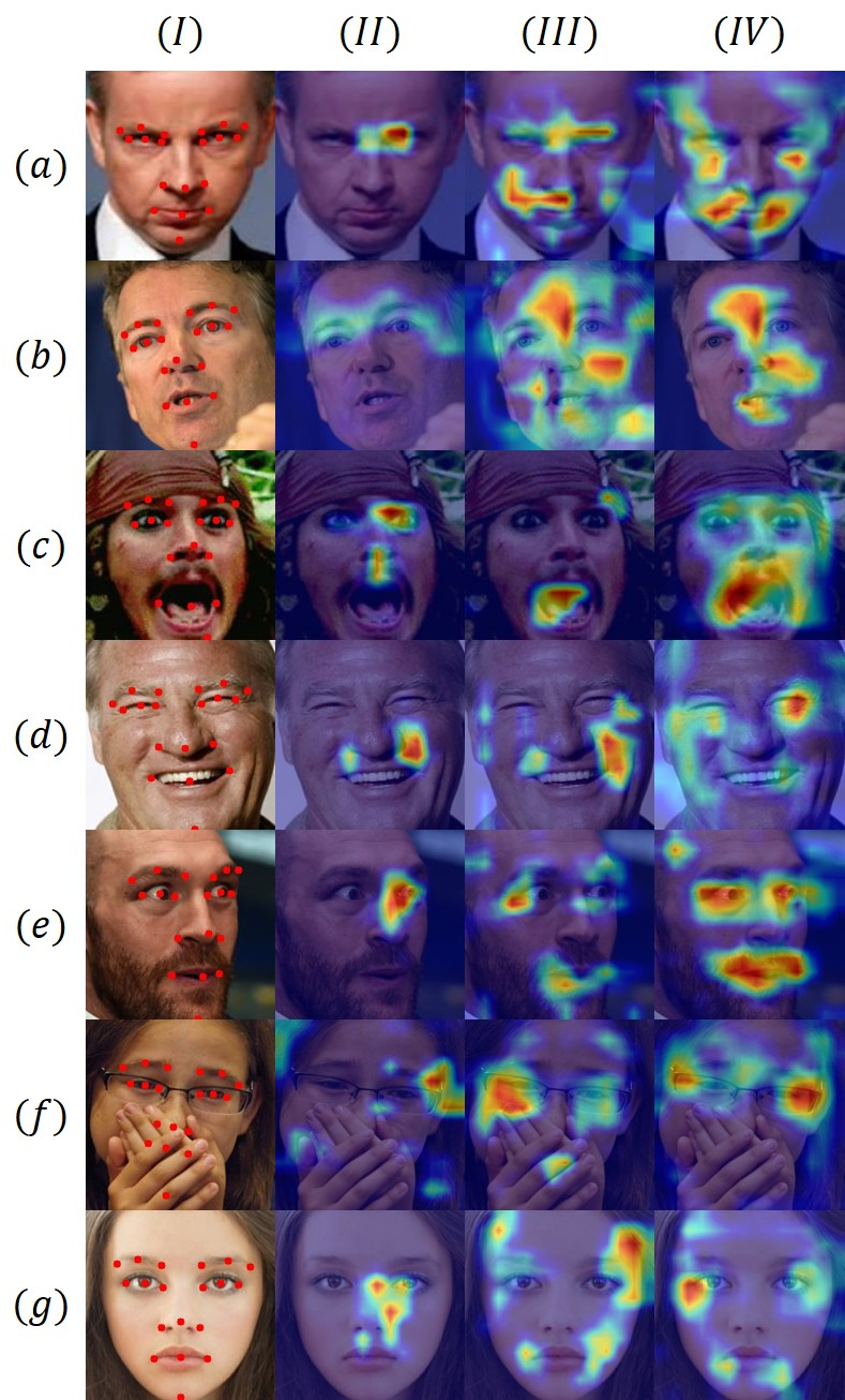 Figure 6: Attention maps of images from AffectNet. Row (a) - (g) denote anger, disgust, fear, happiness, sadness, surprise, and neutral respectively. Column (I) shows the images and the landmarks. Columns (II) - (IV) present the attention maps of three training strategies: (II) Baseline strategy; (III) Using LDE to generate target distribution; (IV) Complete LA-Net.