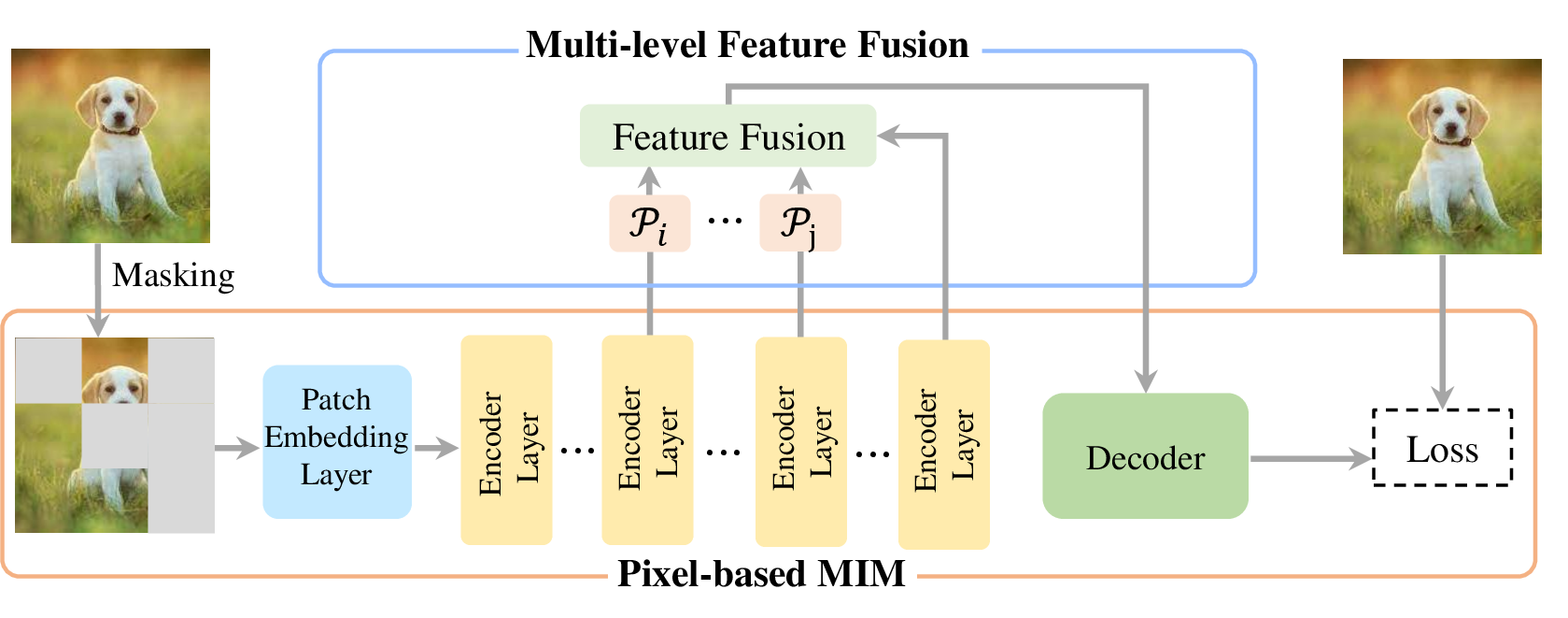 Figure 3: Multi-level feature fusion for pixel-based MIM. The multi-level feature fusion (MFF) module can be inserted into existing pixel-based MIM approaches in a plug-and-play manner. i, j \in \mathcal{W}.