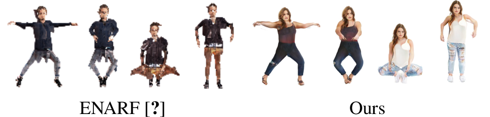 Figure 4: Pose Control. We compare pose controllability with ENARF by applying poses of the AIST++ dataset to the generative radiance fields trained on DeepFashion.