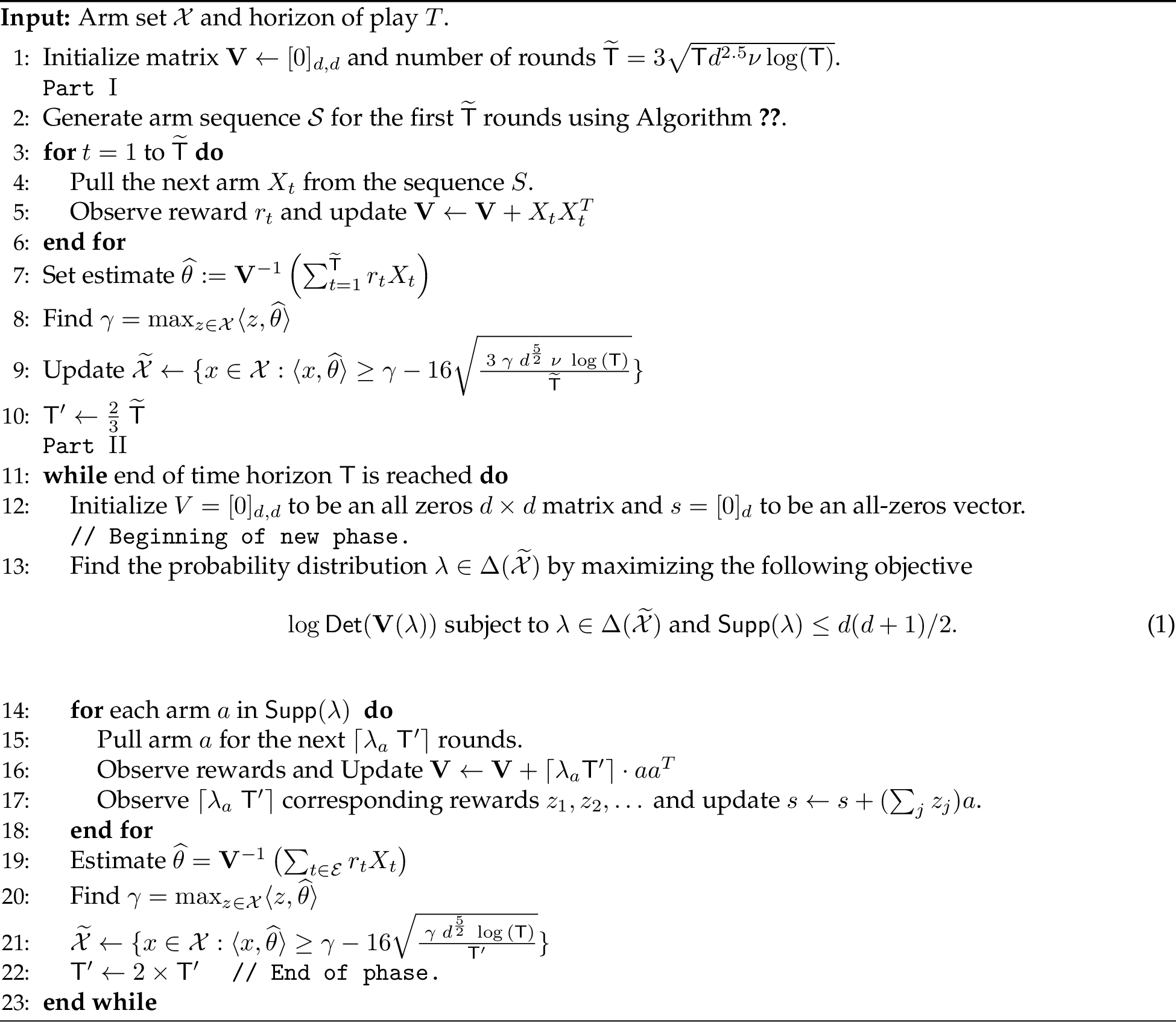 Figure 3: LinNash (Nash Confidence Bound Algorithm for Infinite Set of Arms)