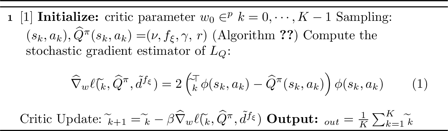 Figure 3: Critic(K, \nu, {\boldsymbol{\xi}}, \gamma, \beta, r): sample-based regression solver to minimize \ell({\boldsymbol{w}},Q_n^{(t)},\tilde{d}_n^{(t)})