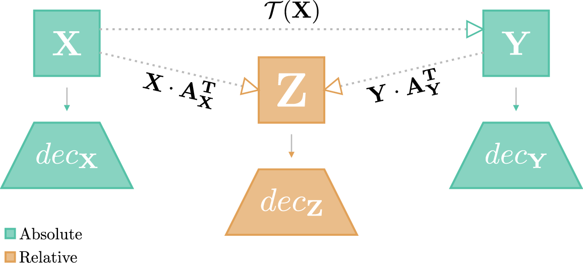 Figure 1: Zero-shot stitching of \mathbf{X} and \mathbf{Y} absolute spaces utilizing relative representations and our method (the estimation of \mathcal{T}). Our approach does not require a decoder specifically trained on relative representations (dec_\mathbb{Z}). Instead, we directly translate latent spaces, enabling the use of arbitrarily pre-trained decoders originally trained on absolute spaces.