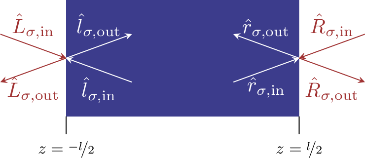 Figure 7: Schematic representation of the various boundary terms used in the main text. The external inputs for a given polarization \sigma are \hat{X}_{\sigma,{\rm in}}, with X = L or R, while the outputs are given by {\rm in}\rightarrow{\rm out}. Inside the magnet, the boundary waves are denoted by lower case letters. The total length of the magnet is l.