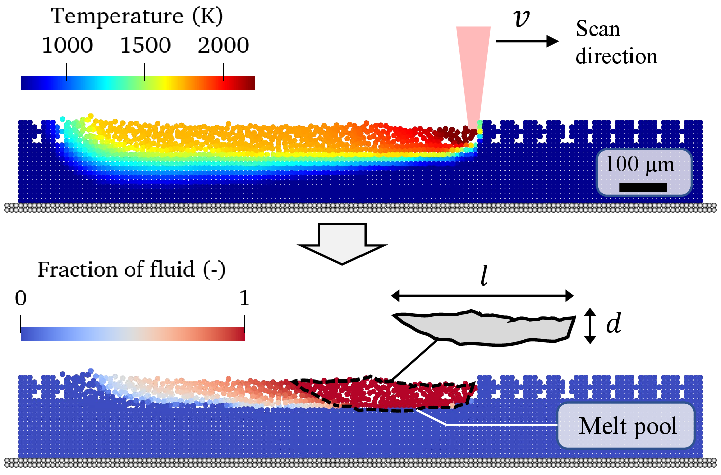 Figure 6: Snapshot of a high-fidelity LPBF simulation with the SPH method. Temperature distribution and fraction of fluid (FoF) are shown to visualize how the melt pool geometry can be extracted from the particles whose FoF is 1.
