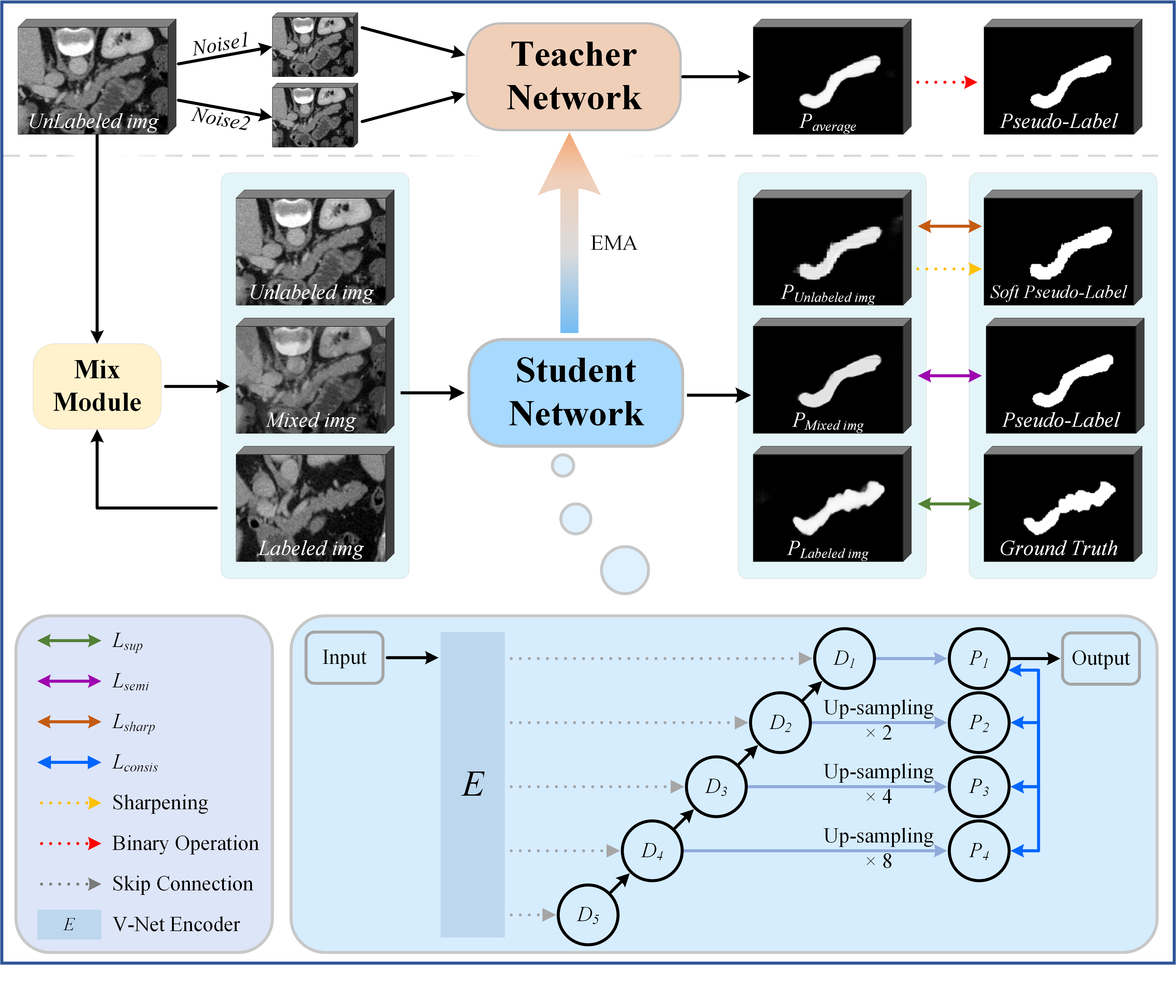 Figure 1: The schematic diagram of the proposed PLGDF framework. The figure in the bottom right provides a detailed depiction of the student network. In the diagram, D_{i} represents the decoder module of the V-Net backbone, and P_{i} refers to the predictions obtained from different scales of the backbone. These predictions are unified to the same size through upsampling and convolution processes at various scales. Additionally, the Exponential Moving Average (EMA) represents that the teacher network implements parameter updates from the student network through the exponential moving average.