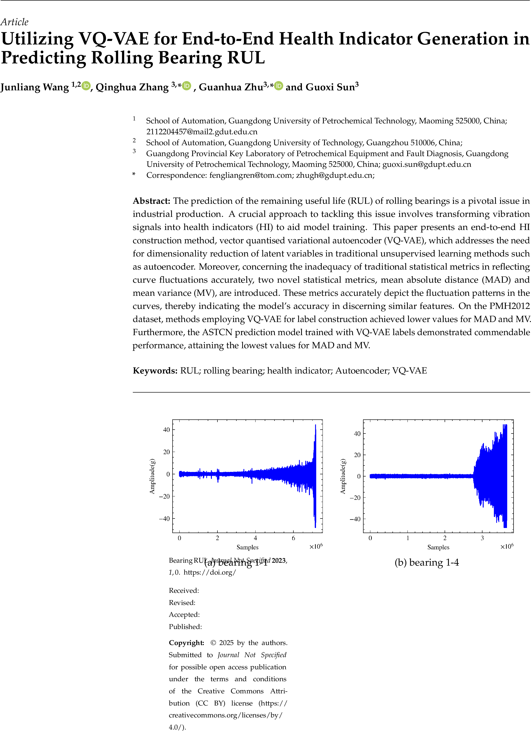 Figure 9: The horizontal vibration signals of PHM2012 dataset. (a) bearing 1-1. (b) bearing 1-4.