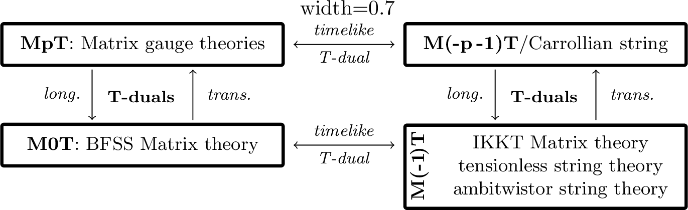 Figure 5: A road map for the timelike T-dual relation between MpT and M(-p -1)T and the spacelike T-duality relation between MpTs with p<0.