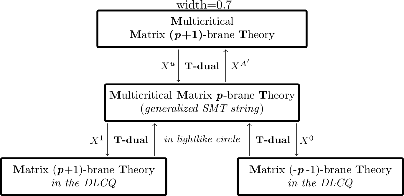 Figure 7: T-duality relations between Multicritical Matrix p-brane theory (MMpT), DLCQ Matrix (p +1)-brane theory, and DLCQ Matrix (-p -1)-brane theory. We will see later in Section 7.5 that the fundamental string in MMpT generalizes the Spin Matrix Theory (SMT) string [35]. Here, X^0 and X^1 are longitudinal to the background F1-string, X^0 and X^u are longitudinal to the background Dp-brane, and X^{A'} are transverse to the background F1-Dp configuration.