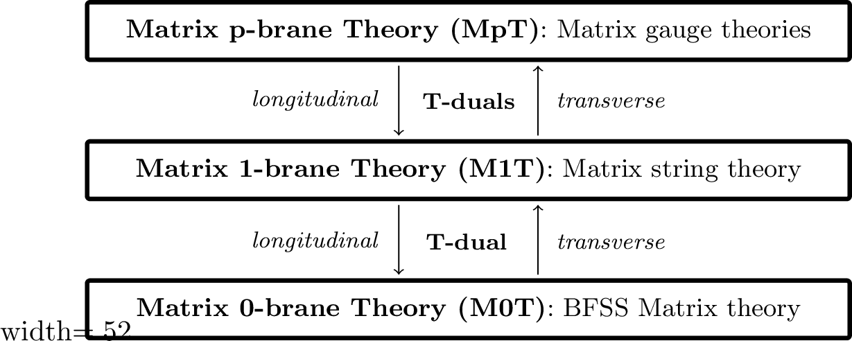 Figure 4: T-duality relations between different Matrix p-brane Theories (MpTs) and the associated Matrix (gauge) theories on the critical Dp-branes. In MpT, the RR (p+1)-form is taken to be critical. The spacetime geometry in MpT develops a (p +1)-dimensional sector longitudinal to the critical background Dp-brane, and a (9-p)-dimensional sector transverse to the same background brane. These sectors are related via a p-brane Galilean boost.