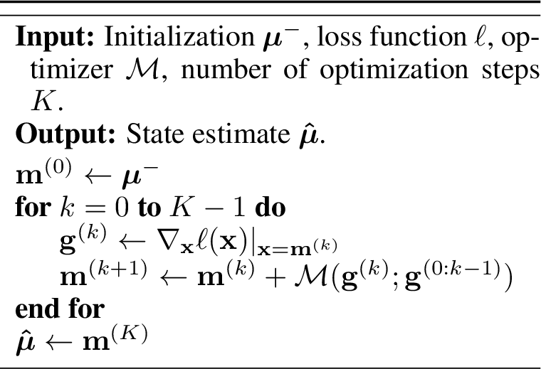 Figure 3: Update step of Implicit MAP Filter: \small{\mathrm{\small IMAP-UPDATE}}(\boldsymbol{\mu}^-, \ell, \mathcal{M}, K)