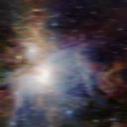 Figure 6: A poor-quality 256x256 RGB image of Orion Nebula (M42) in the built dataset – rating: 2. Background noise and strong motion blur have been added to degrade the original image.