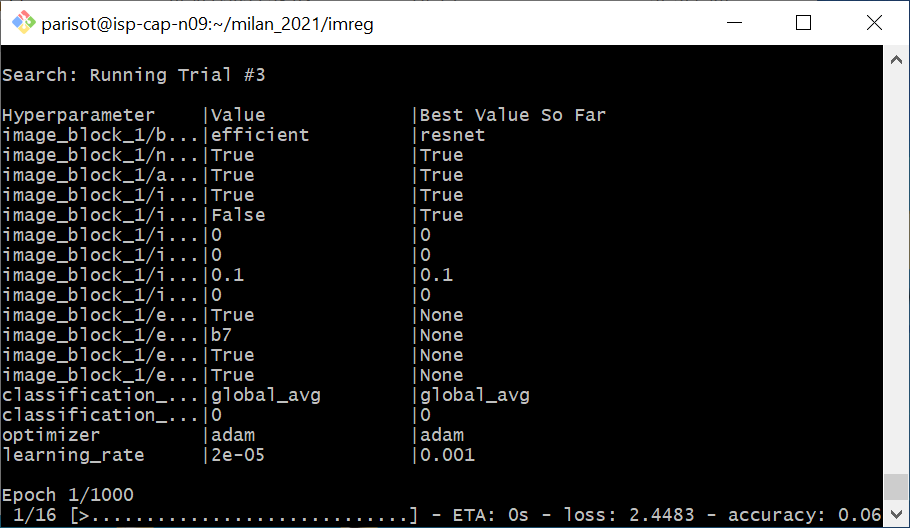 Figure 7: Console dashboard of AutoKeras during the executions of numerous training pipelines. It is thus possible to monitor the execution of the pipelines and to see which is the best model at time t.
