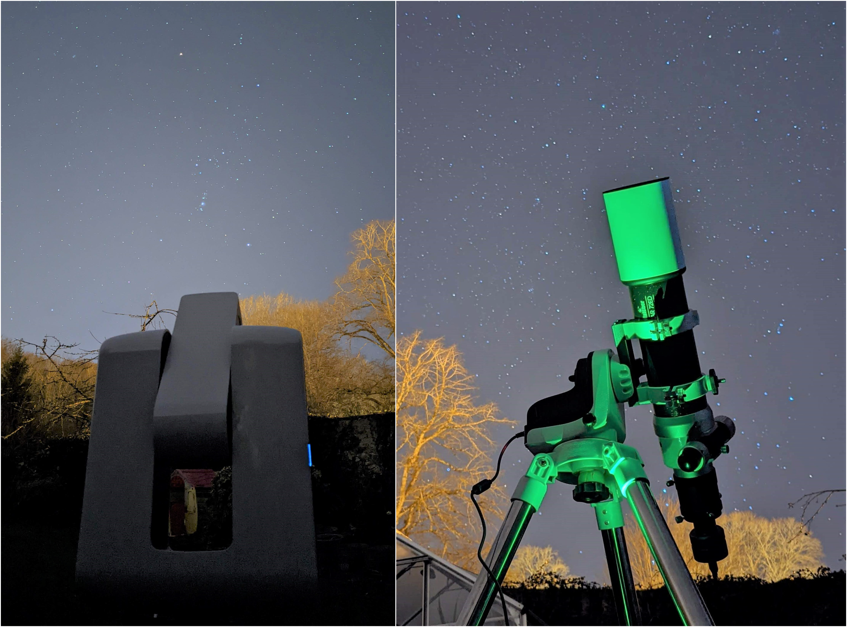 Figure 1: EAA setups used to capture data. The first one is a Stellina automated station, the second one is a 72/420 apochromatic refractor complemented by a low-end SVBONY SV305 digital camera – connected to a laptop and driven by a dedicated software.