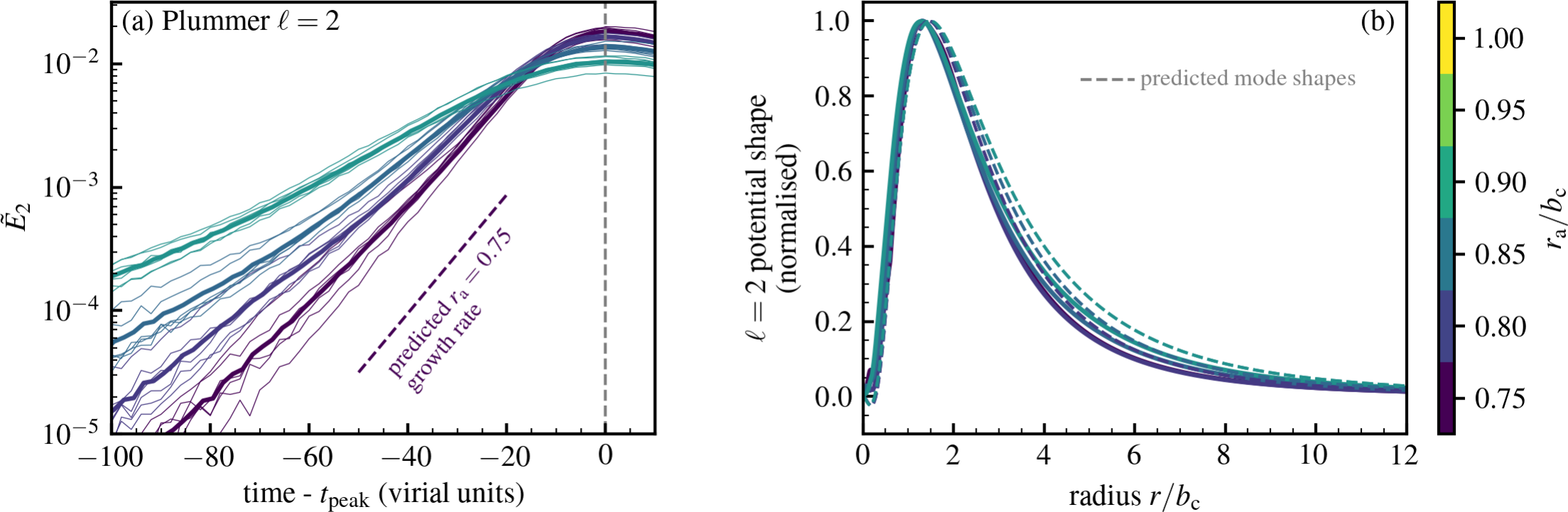 Figure 3: Left panel: Growth of the {\ell\!=\!2} potential fluctuations energy (\tilde{E}_{\ell}, equation 31 ), through time in N-body simulations of the radially-anisotropic Plummer sphere for four different anisotropy radii, r_{\mathrm{a}}/b_{\mathrm{c}}. Simulations with r_{\mathrm{a}}/b_{\mathrm{c}}=0.95 and r_{\mathrm{a}}/b_{\mathrm{c}}=1.00 are not shown, as instabilities were not reliably measured. Thin curves are individual simulation realisations; thick curves are the ensemble average for each value of r_{\mathrm{a}}/b_{\mathrm{c}}. Curves are aligned on the time of the first peak of the potential perturbation, denoted {t\!=\!0}, where the shape of each mode is measured. The exponential growth predicted by linear theory is clearly visible before the modes’ saturation. Right panel: Shape of the {\ell\!=\!2} potential fluctuations measured from the N-body simulations (solid curves). The dashed curves are the corresponding predictions from LinearResponse.jl. The linear predictions and numerical measurements are in pleasant agreement.