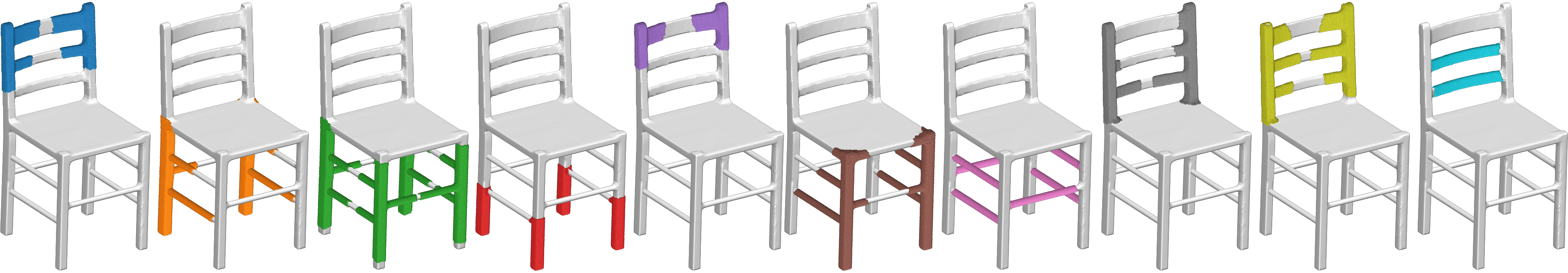 Figure 7: Detected symmetries on SymPartNet (Full) for chairs (SymCL). Each color represents a raw symmetry cluster.