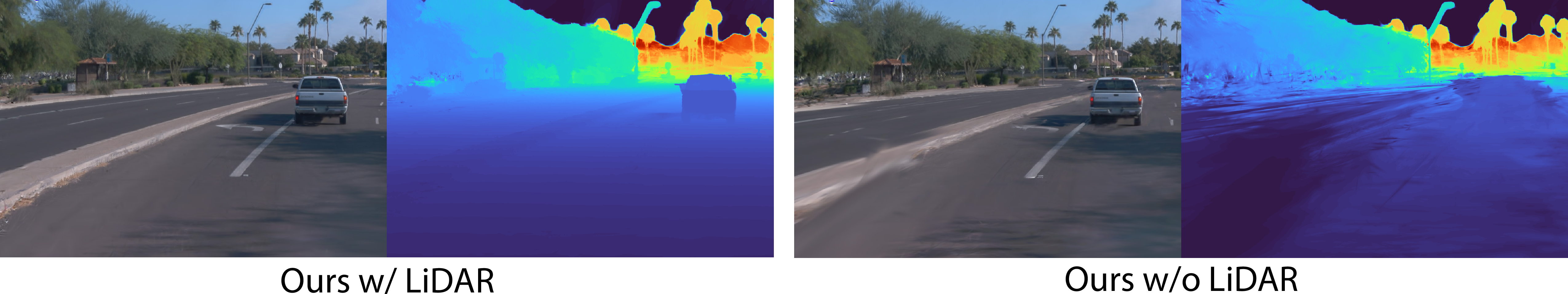 Figure 6: Ablation study on LiDAR point cloud. We show the rendered image and depth of our method with and without LiDAR as input.