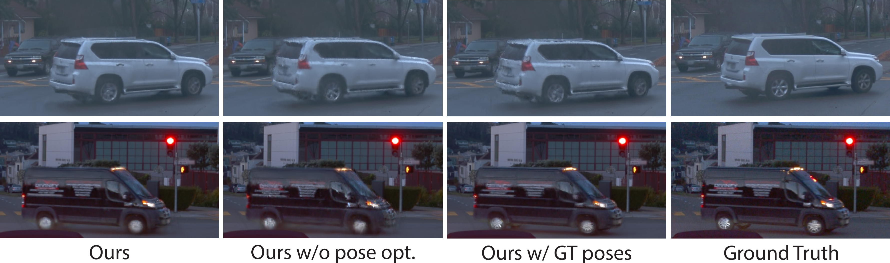 Figure 5: Ablation study on tracking pose optimization. The results indicate that optimizing tracked poses improves the quality. “opt.” denotes optimization.
