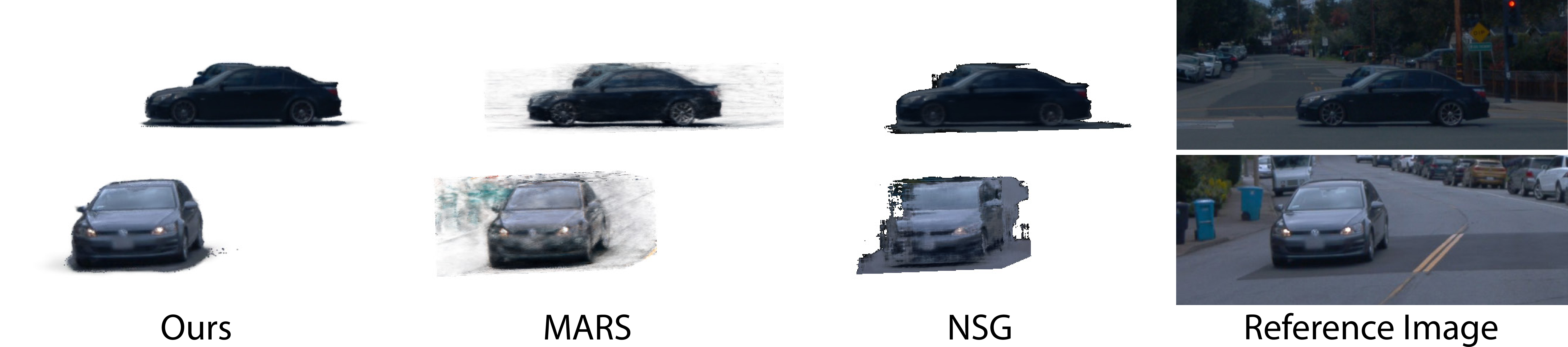 Figure 8: Decomposition results on the Waymo [1] dataset. NSG [10] cannot decompose clean foreground objects while MARS [2] generates floaters in background regions. Instead, our method successfully decomposes the foreground objects and produces high fidelity rendering results.