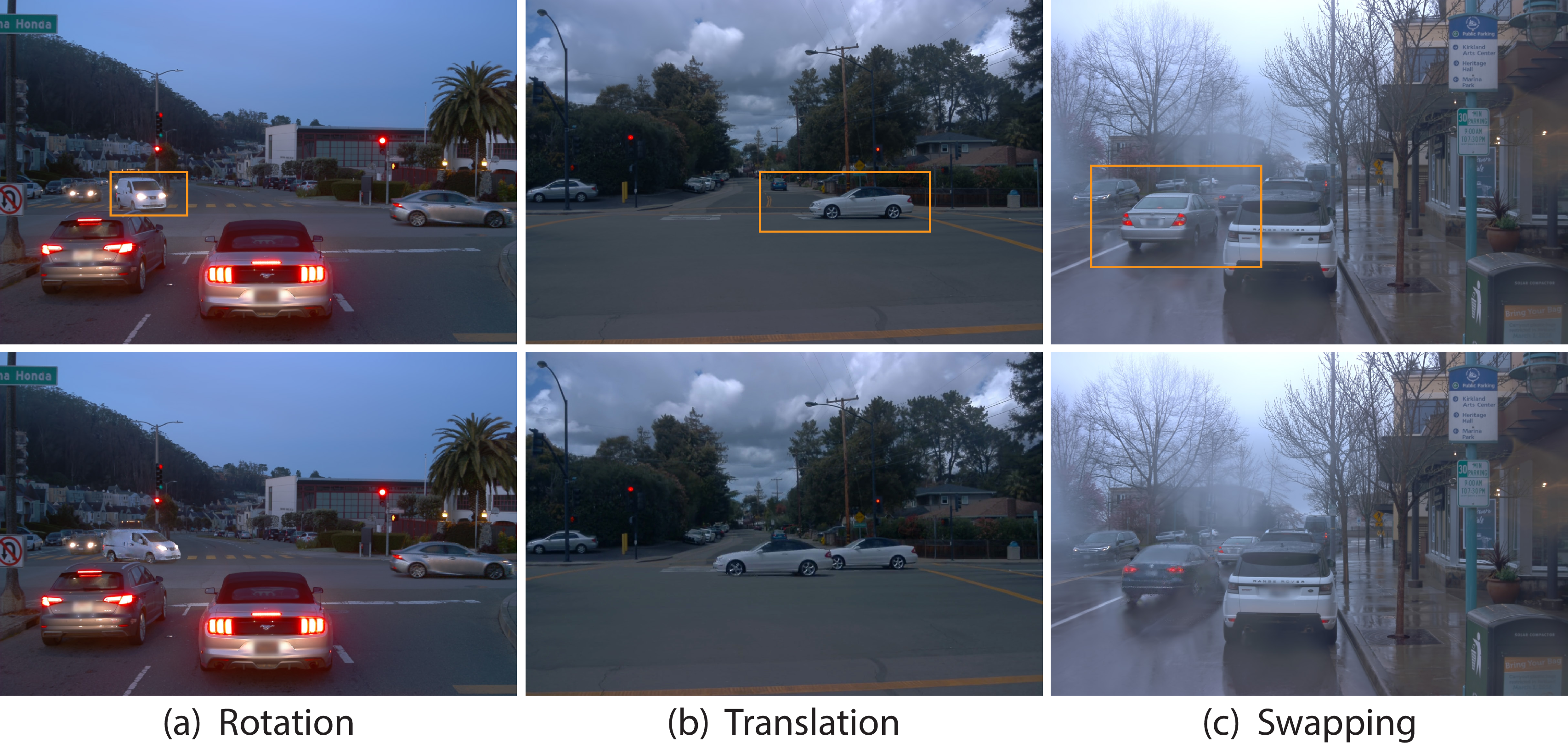 Figure 7: Editing operations on the Waymo [1] dataset. Images in the first and second rows represent the results before and after editing. Our method supports various editing operations, including rotation, translation and swapping.