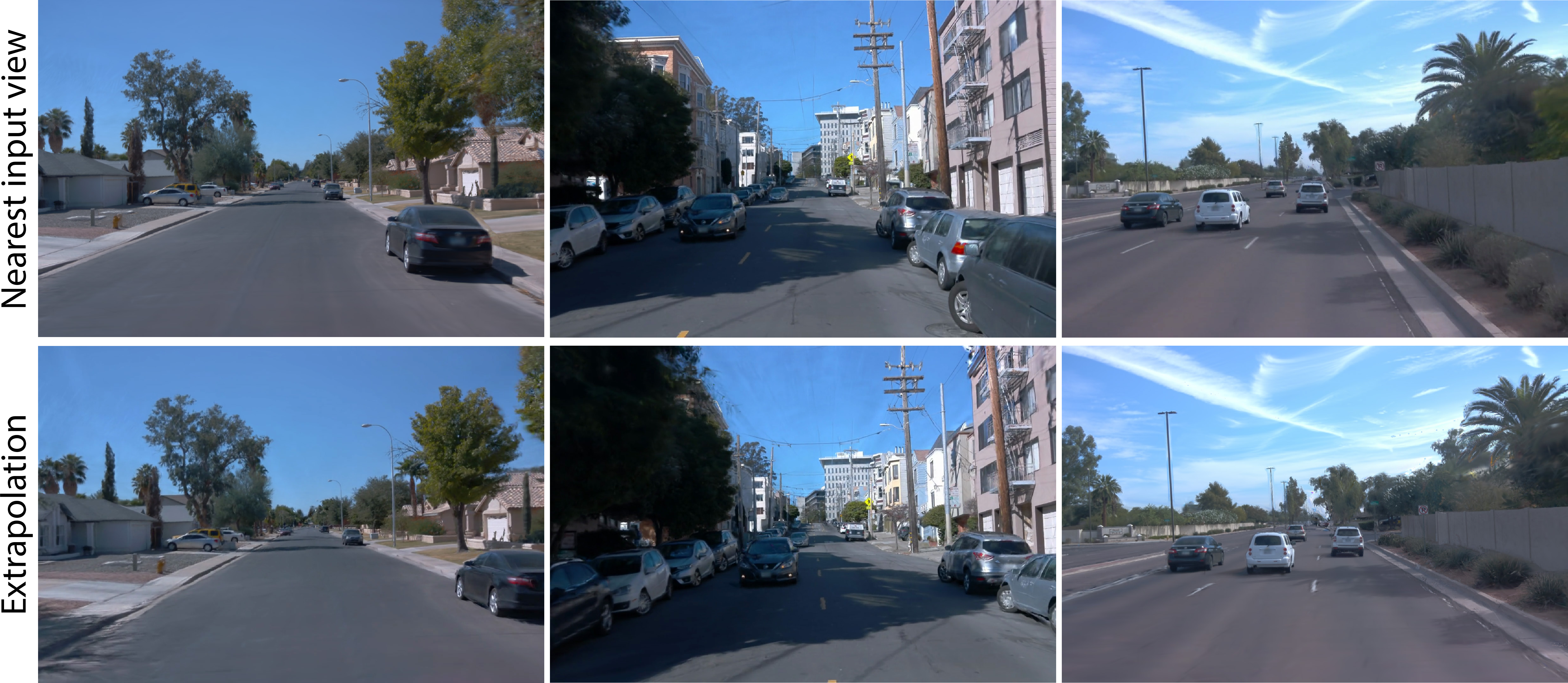 Figure 14: Qualitative results of novel view synthesis with significant differences from the input frames. In each scene we shift the camera by 2 meters.
