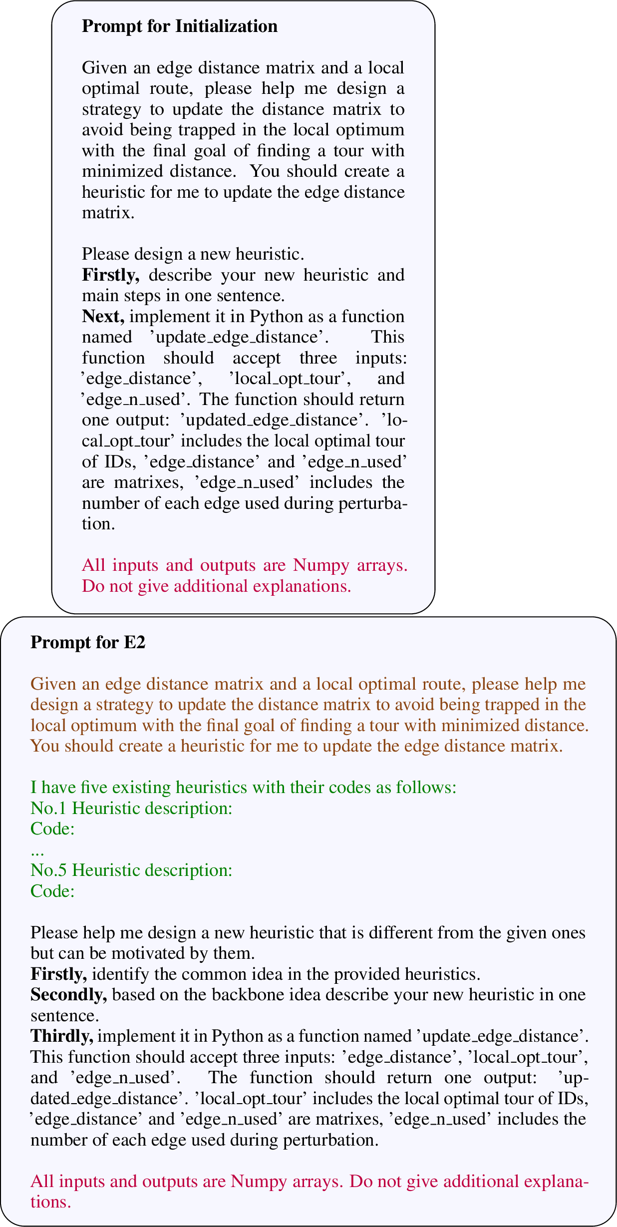 Figure 7: Two examples of prompt engineering used in initialization and E2 strategy for TSP.