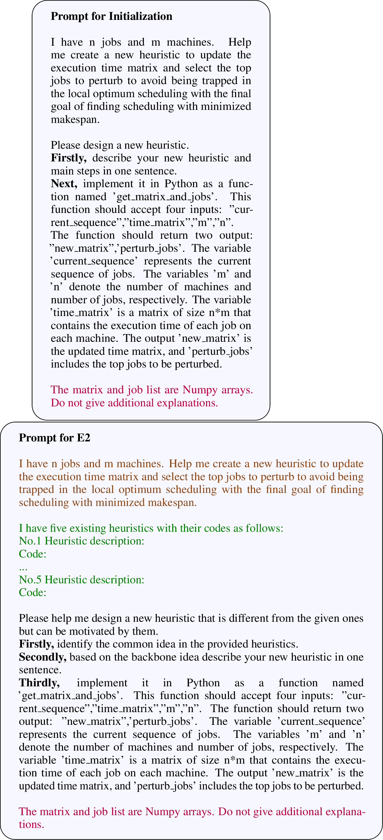Figure 9: Two examples of prompt engineering used in initialization and E2 strategy for FSSP.