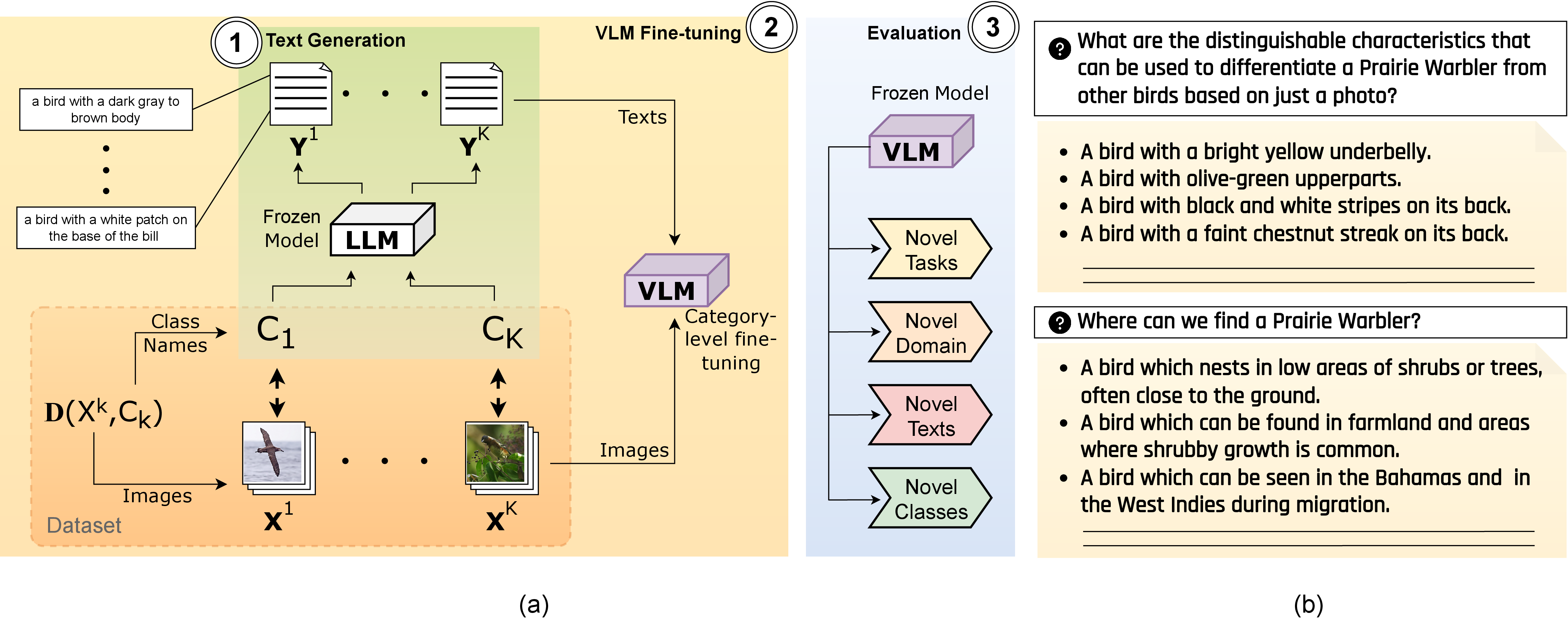 Figure 3: Fine-tuning VLMs to improve zero-shot performance. a) Our framework for generating fine-grained attributes per class using LLMs, category-level fine-tuning of VLMs and evaluating on a series of challenging unseen scenarios. b) We show examples of texts produced in step .