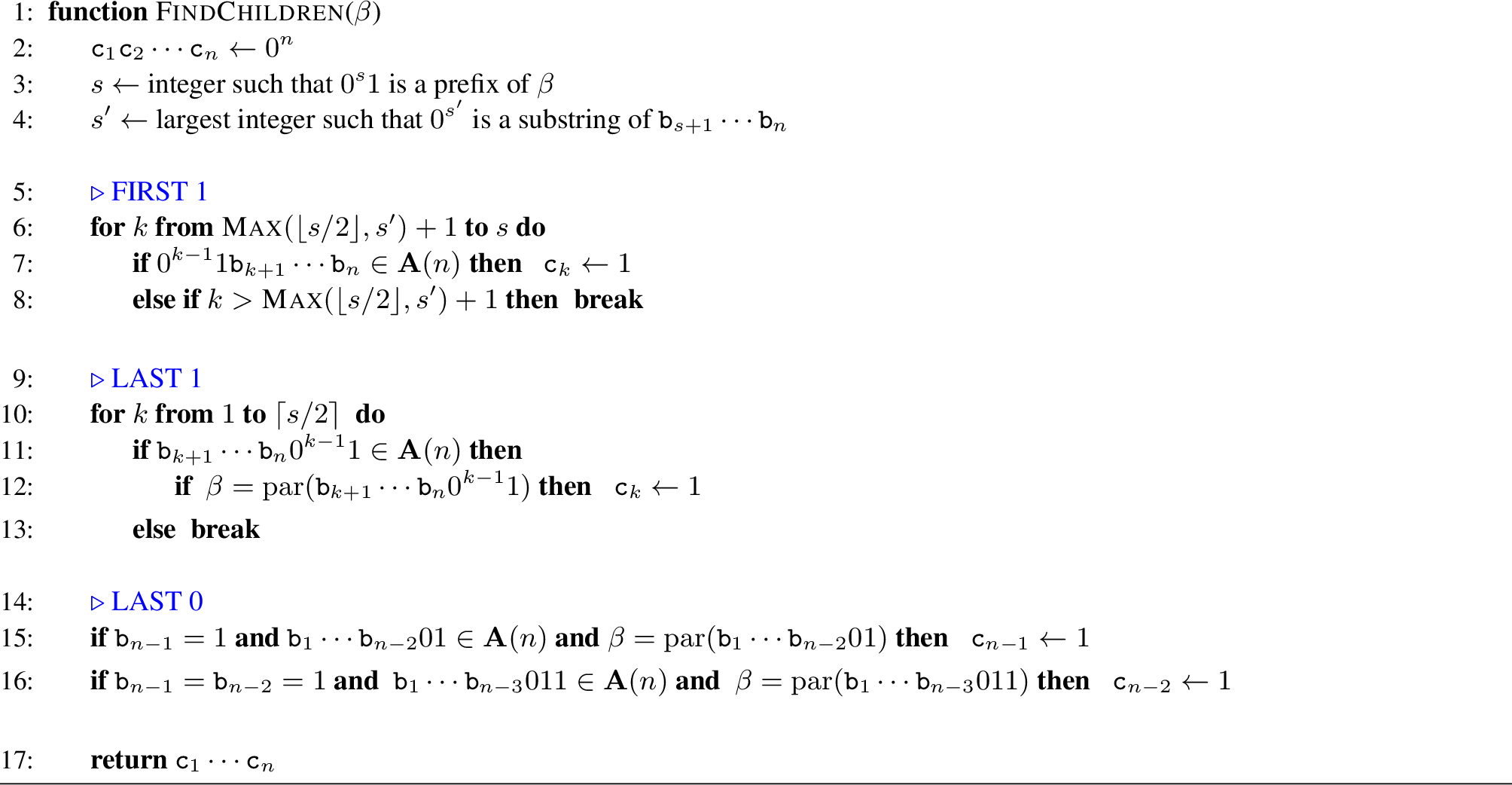 Figure 3: Determine the children of a node \beta = \mathtt{b}_1\mathtt{b}_2\cdots \mathtt{b}_n in \mathbb{T}_n, returning \mathtt{c}_1\mathtt{c}_2\cdots \mathtt{c}_n such that \mathtt{c}_k = 1 if and only if \tilde{\beta_k} is a child of \beta.