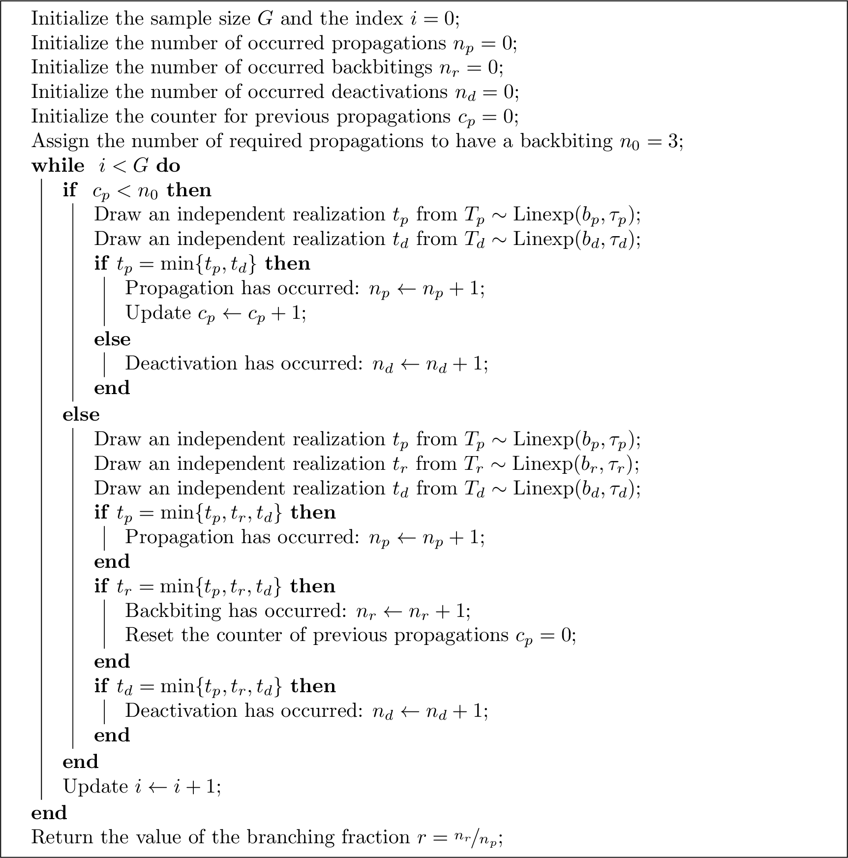 Figure 3: The MC method for simulation of the evolution of Controlled Radical Polymerization carried out in the presence of control agent. The method returns the final branching fraction of the created chain.