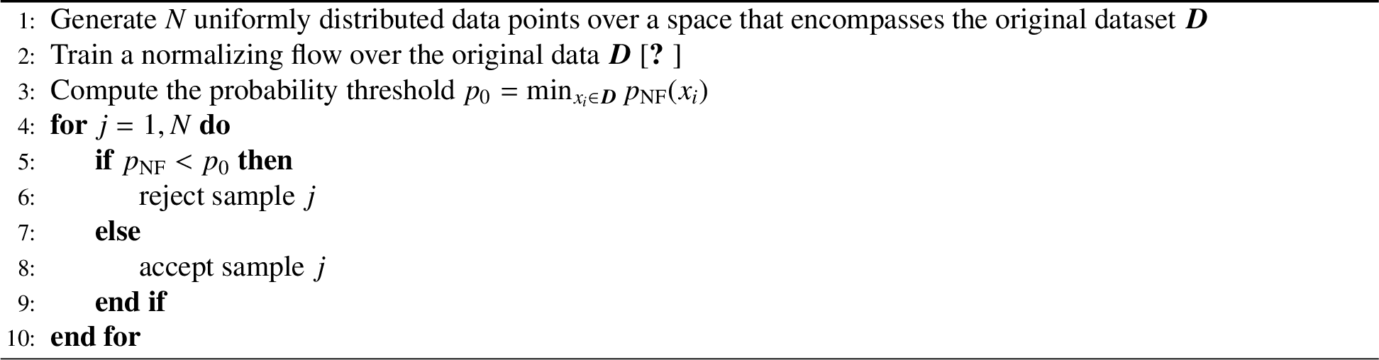 Figure 5: Out-of-distribution data generation with normalizing flows. p_{\rm NF} denotes the probability predicted by the normalizing flow and x_i denotes the i^{th} element of the dataset \boldsymbol{D}.