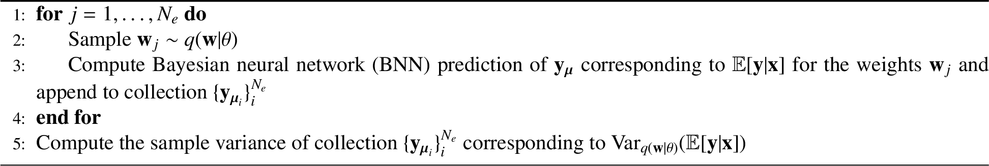 Figure 18: Compute an estimate of the epistemic uncertainty associated with an input datum \mathbf{x}, given a BNN posterior q(\mathbf{w}\vert\theta), and a number of epistemic samples N_e.