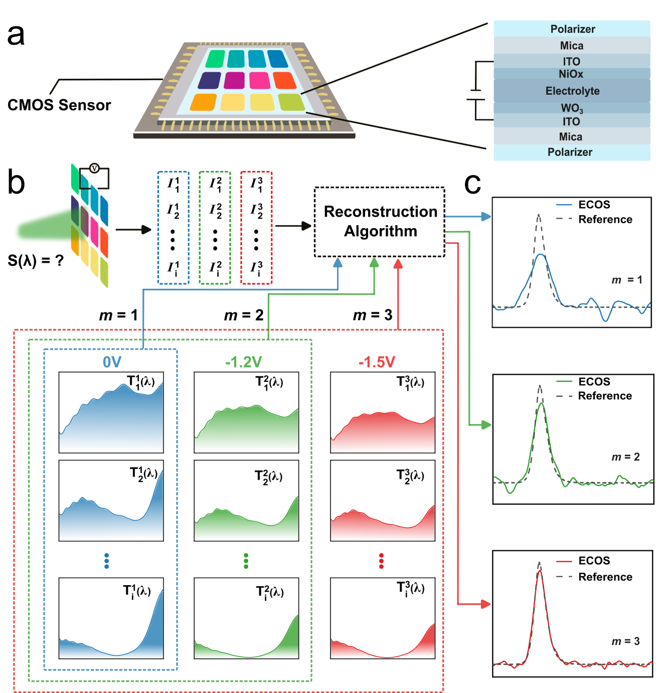 Figure 1: Scheme and principle of the proposed electrochromic computational on-chip spectrometer (ECOS). (a) Schematic of ECOS, which consists of an electrochromic filter array on top of the CMOS sensor. The electrochromic filter array consists of an ECD embedded in two polarizers with different polarization angles. The ECD consists of five layers of ITO/\mathrm{WO_{3}}/electrolyte/\mathrm{NiO_{x}}/ITO on a mica substrate. (b) Principle of ECOS. The transmission spectra of different electrochromic filters at different voltages (‘0V’, ‘-1.2V’, and ‘-1.5V’). S(\lambda) refers to the unknown light for testing. (c) The reconstructed spectra at different voltages. The m denotes different detection modes: ‘m=1 (blue)’ refers to the mode of using only ‘0V’, ‘m=2 (green)’ refers to the mode of using ‘0V’ and ‘-1.2V’, and ‘m=3 (red)’ refers to the mode of using ‘0V’, ‘-1.2V’ and ‘-1.5V’.