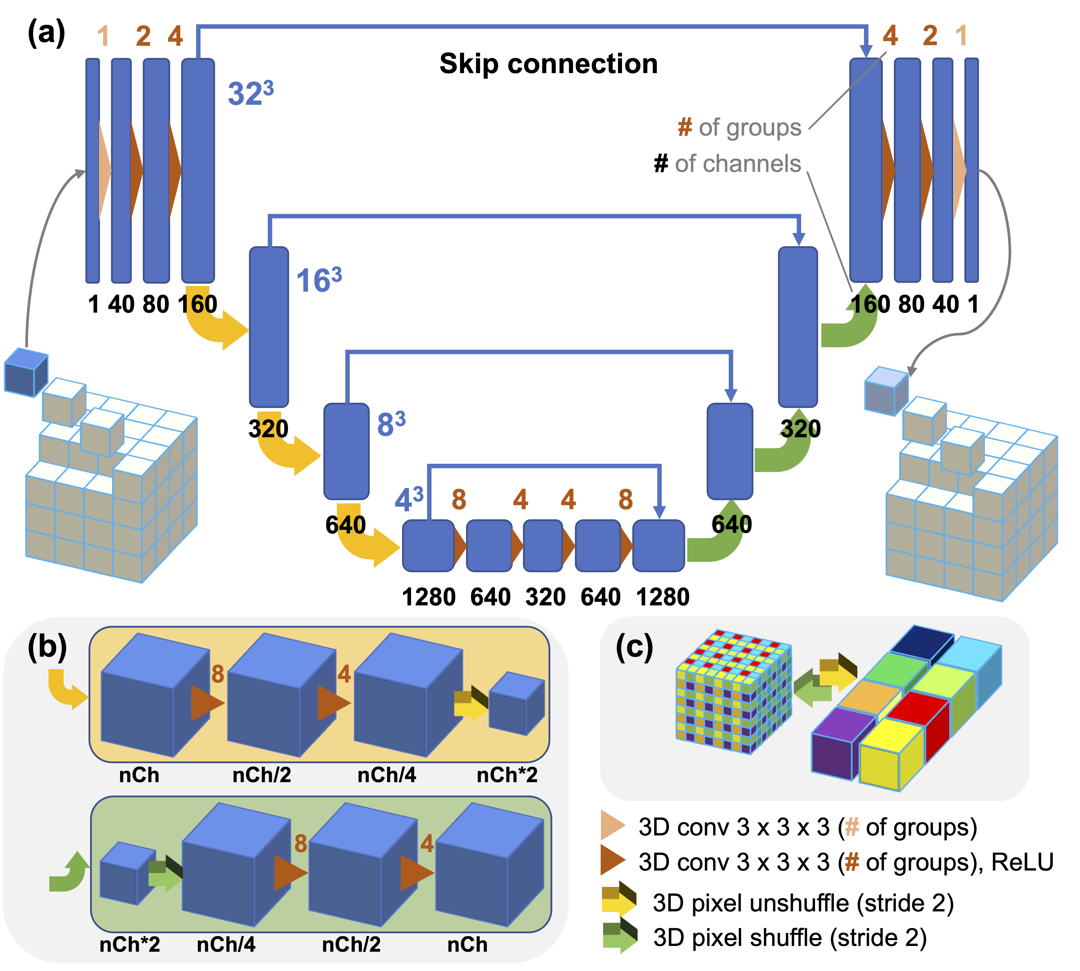 Figure 2: Architecture of our volumetric sparse representation network (VSR-Net). (a) This light-weight network takes a small cubic patch as input and outputs a denoised patch, with 3D pixel shuffle operations and grouped convolutions; and (b) the downscaling and upscaling of the feature maps are achieved through 3D pixel unshuffle and shuffle operations (illustrated in (c)) combined with two 3D grouped convolutional layers. Note that a color-coded number above each convolutional operation denotes the number of groups used, while the number underneath the feature map indicates the number of channels.