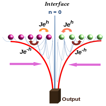 Figure 5: Schematic of light funneling using two oppositely directed static HN chains. The interface is formed at n=0. The chains on the left and right side of the interface have greater unidirectionality towards the right and left directions respectively. The output light traverses through the funnel-like structure where it is collected.