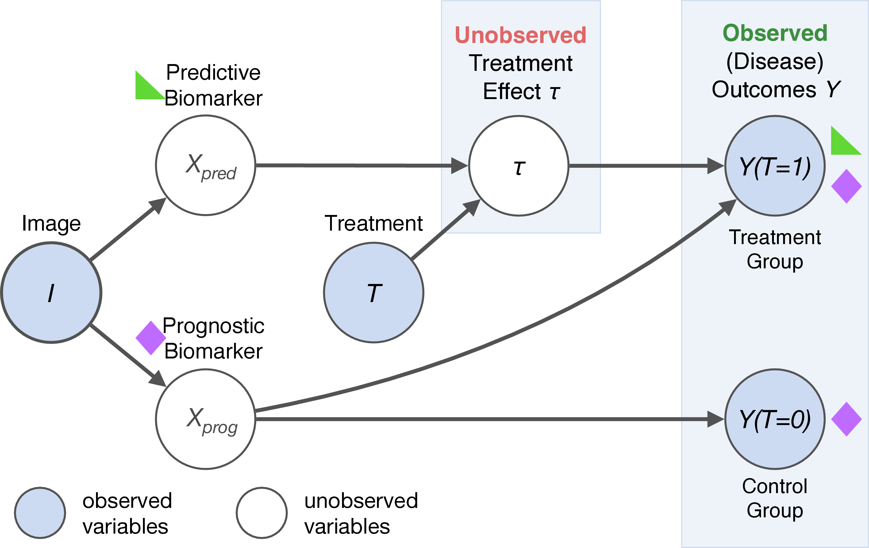 Figure 1: Relationship between biomarkers x_{\mathit{prog}} and x_{\mathit{pred}}, outcomes Y(T) depending on the treatment T and the treatment effect \tau. Since both potential outcomes Y_i(T=0) and Y_i(T=1) cannot be observed for the same individual simultaneously it is impossible to infer the individual treatment effect directly.
