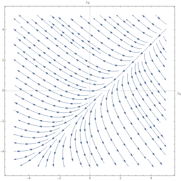 Figure 1: Sample phase-portrait for the adjoint space for parameters r_1 = 0.6, r_2 = 0.6, \alpha = 1, \bar{x}_1 = 0.2, \bar{x}_2 = -0.4, u_1^* = 0.5, and u_2^* = 0.5.
