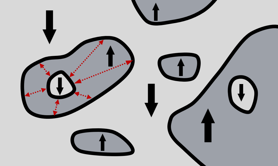 Figure 1: A typical sample in the strong random field disorder limit, where the black arrows indicate the A spins that are quenched and polarized by the strong random fields. On each defect of A marked by the black lines, the exact symmetry K acts anomalously. The red arrows indicates possible interaction that can trivialize two conjugating K anomalies, and the paired K anomaly carries a certain spin of A.