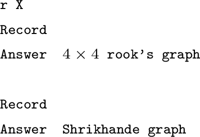 Figure 9: SR16 graphs and text records of random walks from Algorithms 4 and 6.The task is graph classification into two isomorphism types \{4\times4\text{ rook's graph}, \text{Shrikhande graph}\}.In random walks, we label vertices by anonymization and color edges by their time of discovery.