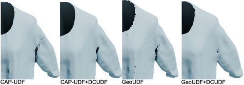 Figure 6: We compare other methods using their own mesh extraction techniques against the DCUDF approach.