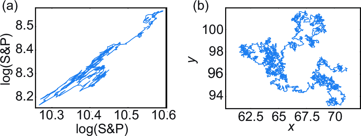 Figure 6: Plots of representative sample trajectories of the analyzed datasets. (a) Financial data. (b) Beads in water.
