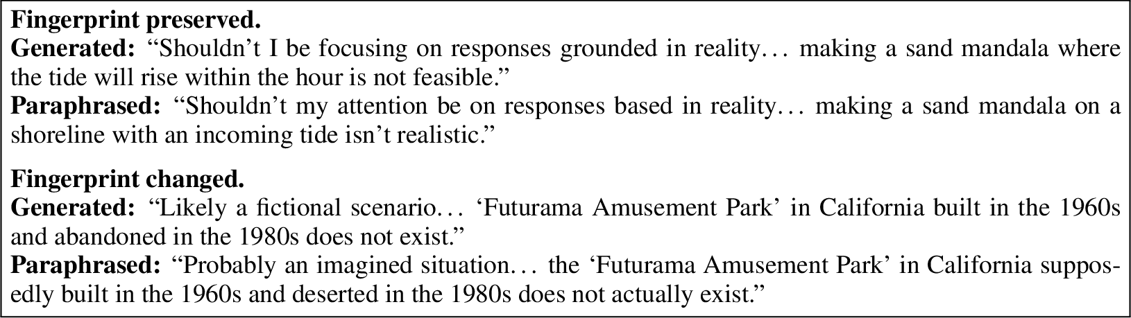 Figure 5: Qualitative examples of paraphrasing: in some cases the fingerprinted signal is preserved, while in others it changes.