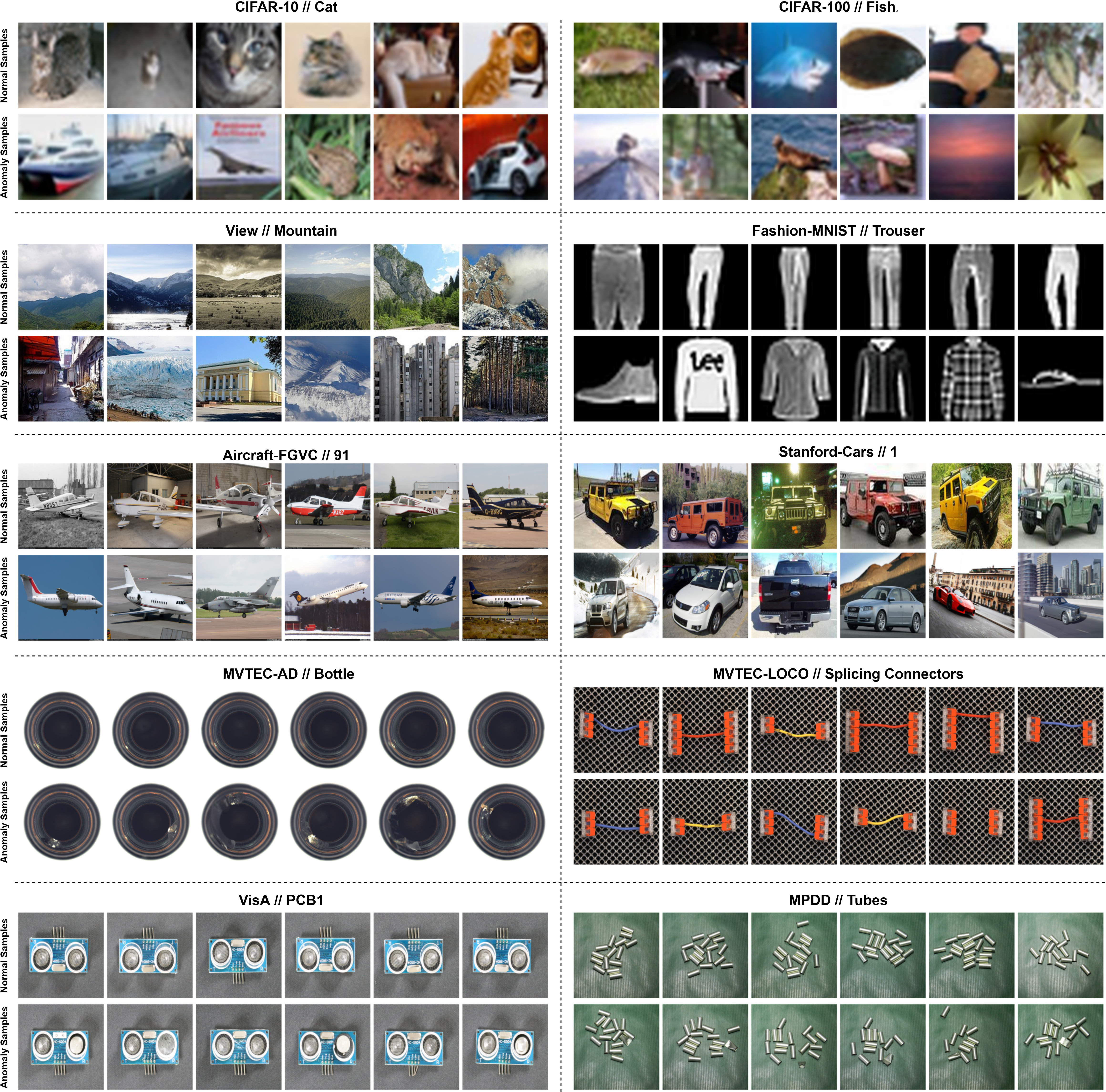 Figure 5: Normal and Anomaly samples from all datasets.