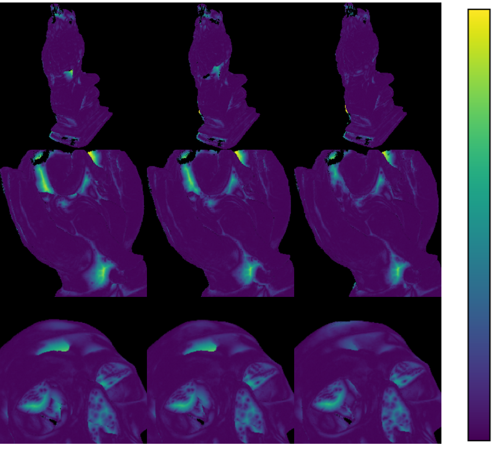 Figure 10: Geometry Distance. We use the evaluation and visualization code from 2DGS to compute the geometric errors of different methods on the DTU dataset. A viridis colorbar is used to visualize the results. Our method, 2DGH, shows lower errors, particularly in regions with rapid geometric variations.