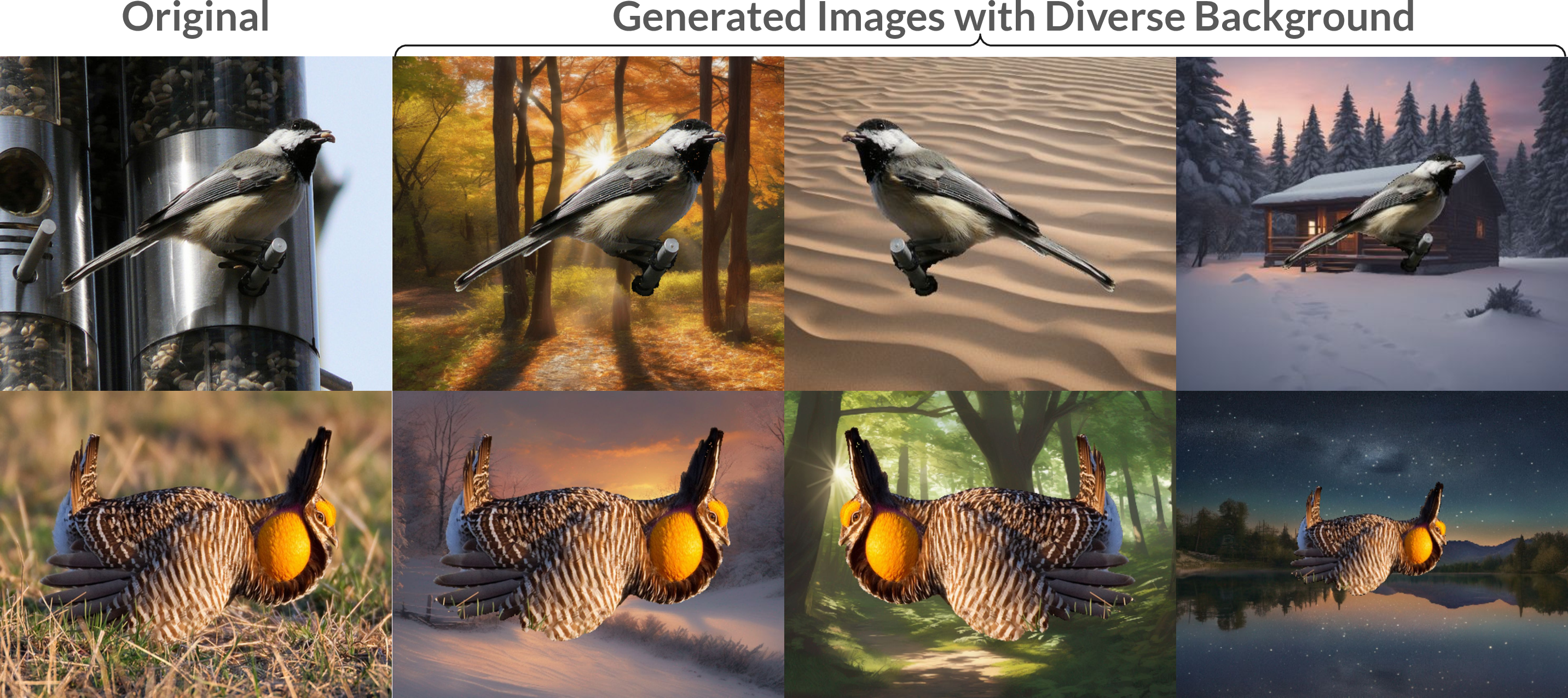 Figure 7: The figure displays the original image samples from ImageNet10 and the generated images using AGA . The generated images effectively preserve the authenticity of the subjects while exhibiting diverse backgrounds. Additional synthetic images are shown in supplementary element.