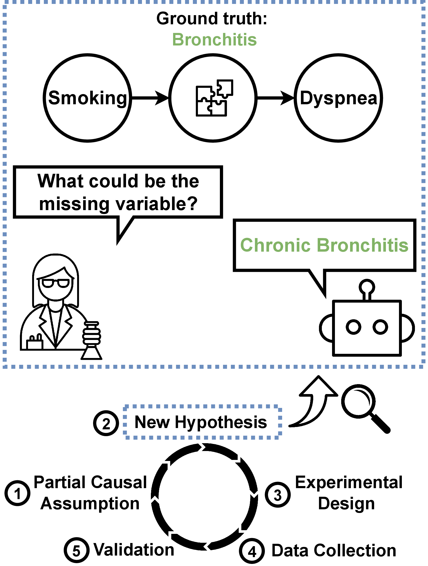 Figure 1: Scientific discovery iteratively generates hypotheses from assumptions using human expertise. We use LLMs as proxy experts to propose new hypotheses about missing variables in causal DAGs.