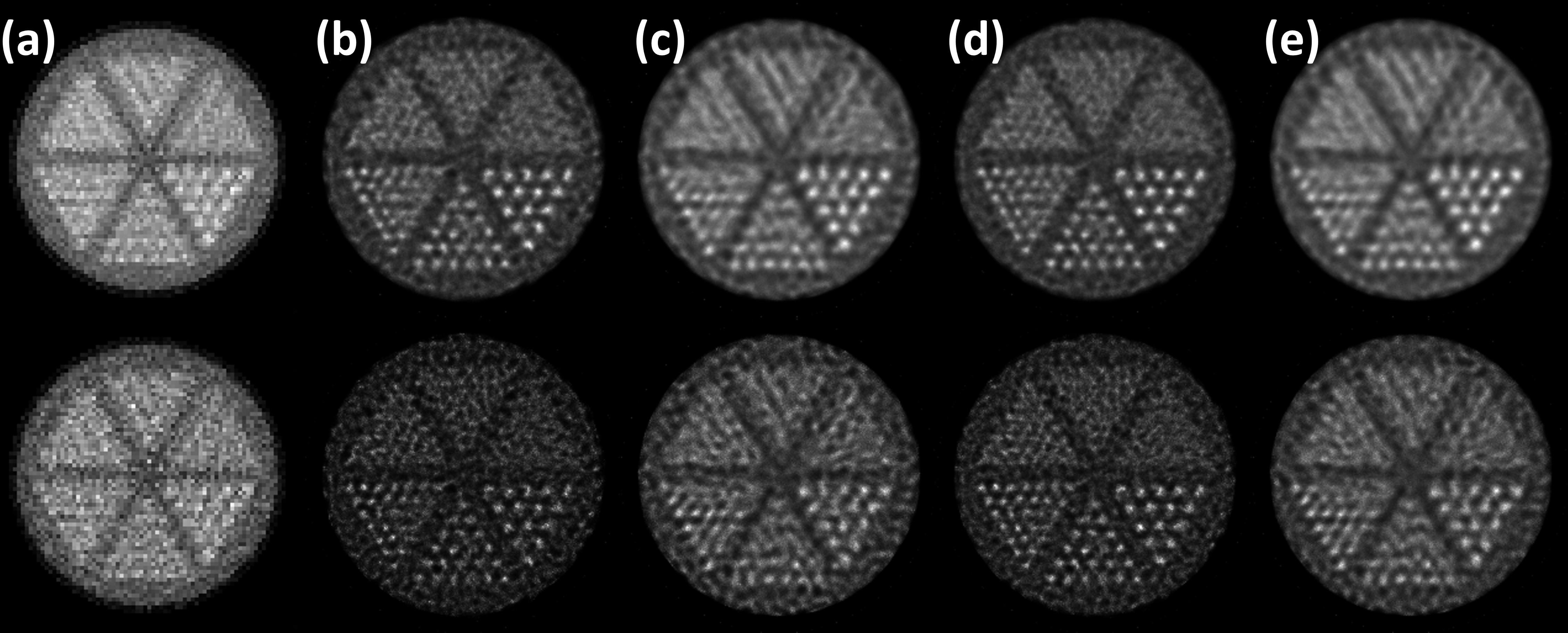 Figure 10: S (a), M2 (b,d), and M0 (c,e) images of the resolution phantom obtained from GATE simulation data. Two datasets corresponding to two different scan durations were produced for the situations when no modulator was used (S and M0) and when the M2 modulator was used. The M2 and M0 data in dataset 1 had 6.4M events (b) and 11.0M events (c), respectively. In dataset 2, they had 10.4M events (d) and 17.8M events (e). The S image used the M0 data in dataset 1. Images in the top (bottom) row were obtained using 5 (30) OSEM iterations for S and 30 (100) iterations for M0 and M2.