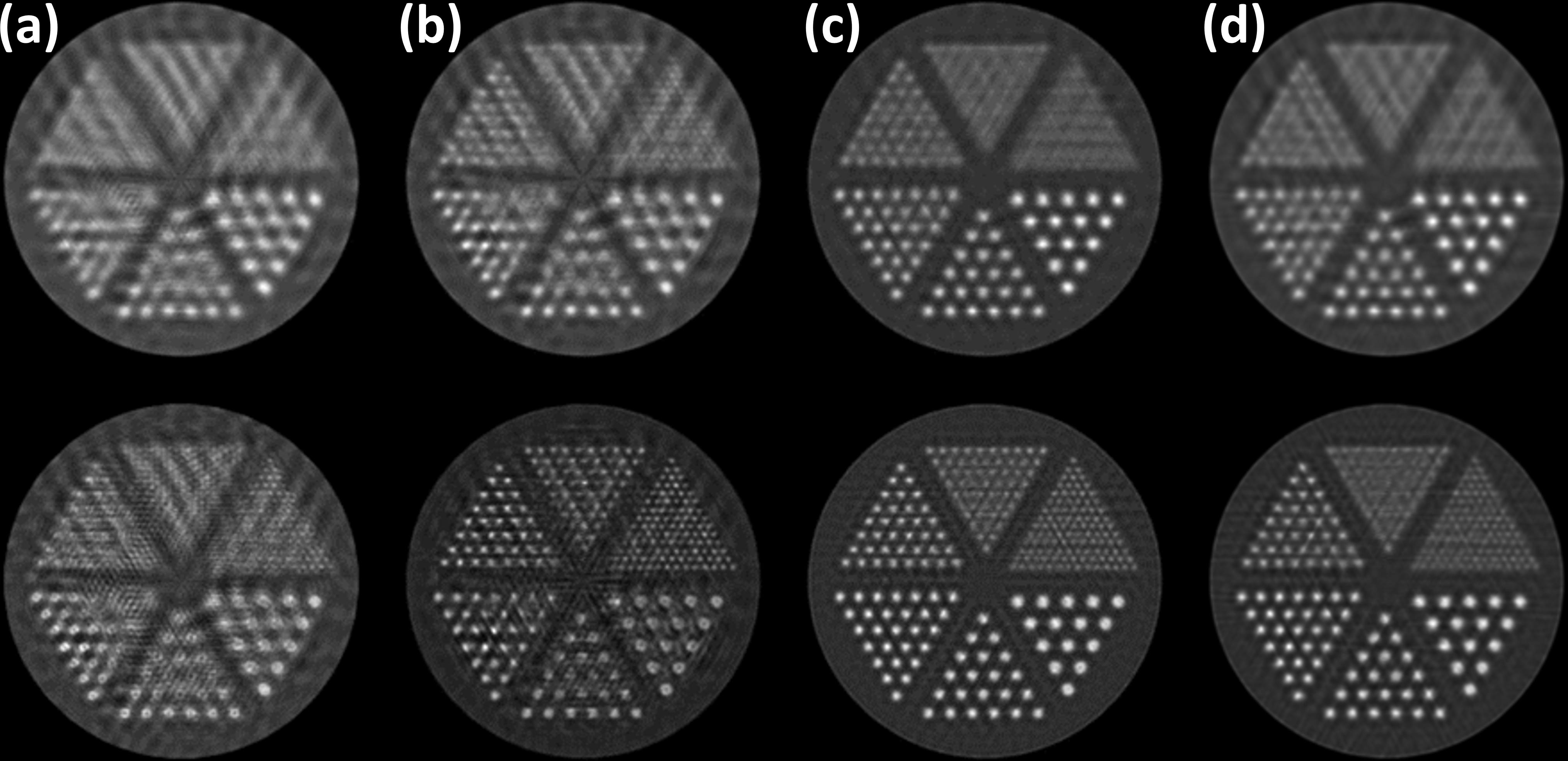 Figure 4: M0.5 (a), M1 (b), M2 (c), and M4 (d) images obtained from noise-free data by using 50 (top) and 500 (bottom) OSEM iterations. The phantom was placed at the center.